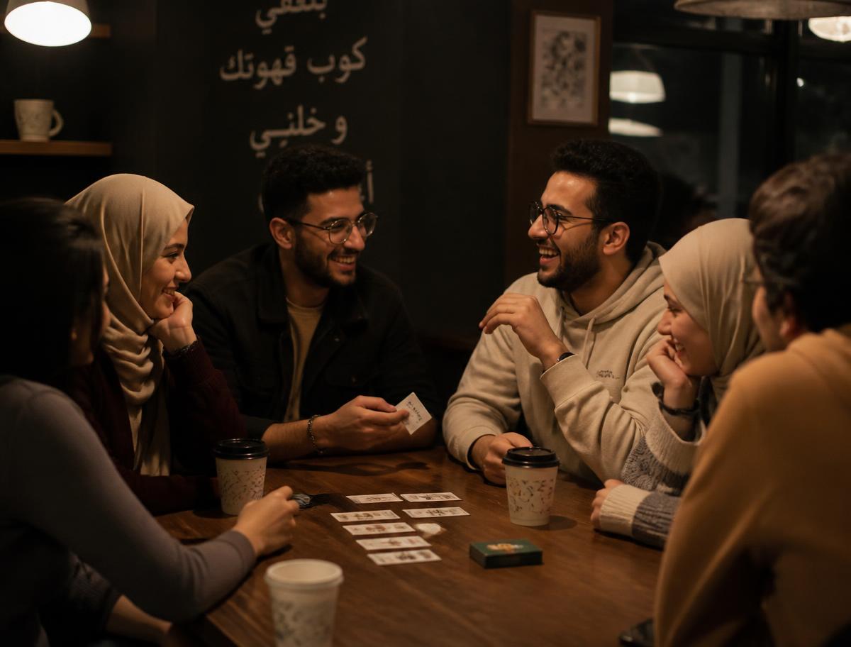 مجموعة من الشباب والصبايا عم يحكوا ويضحكوا بلمّة إنجليزي بكافيه